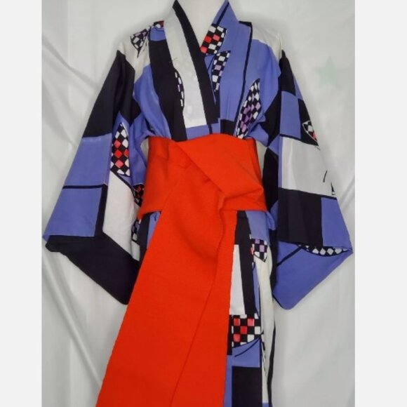 Vtg Handmade Kimono Abstract Flag Japanese Yukata Urushi Haori Jacket Cotton - Picture 5 of 10